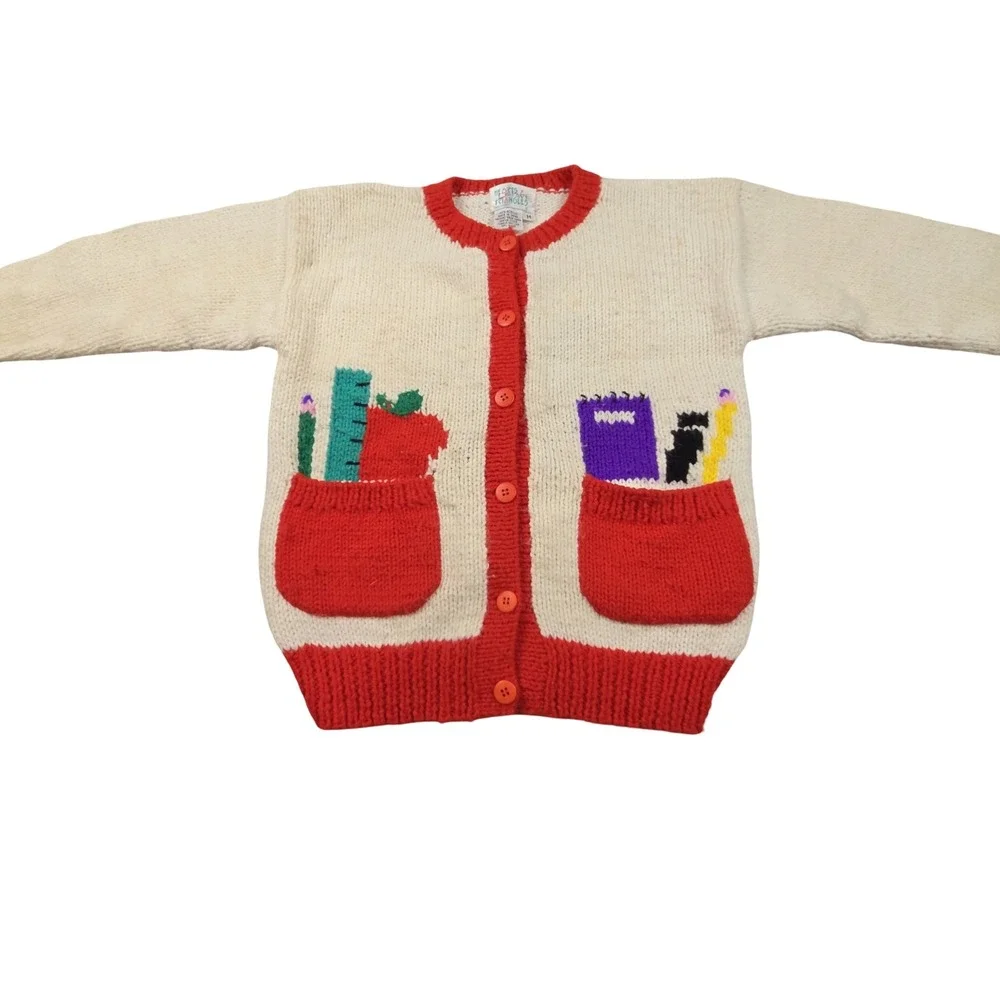Vintage Hearts & Triangles Kids Knit Cardigan School Apple Embroidered Cream Red